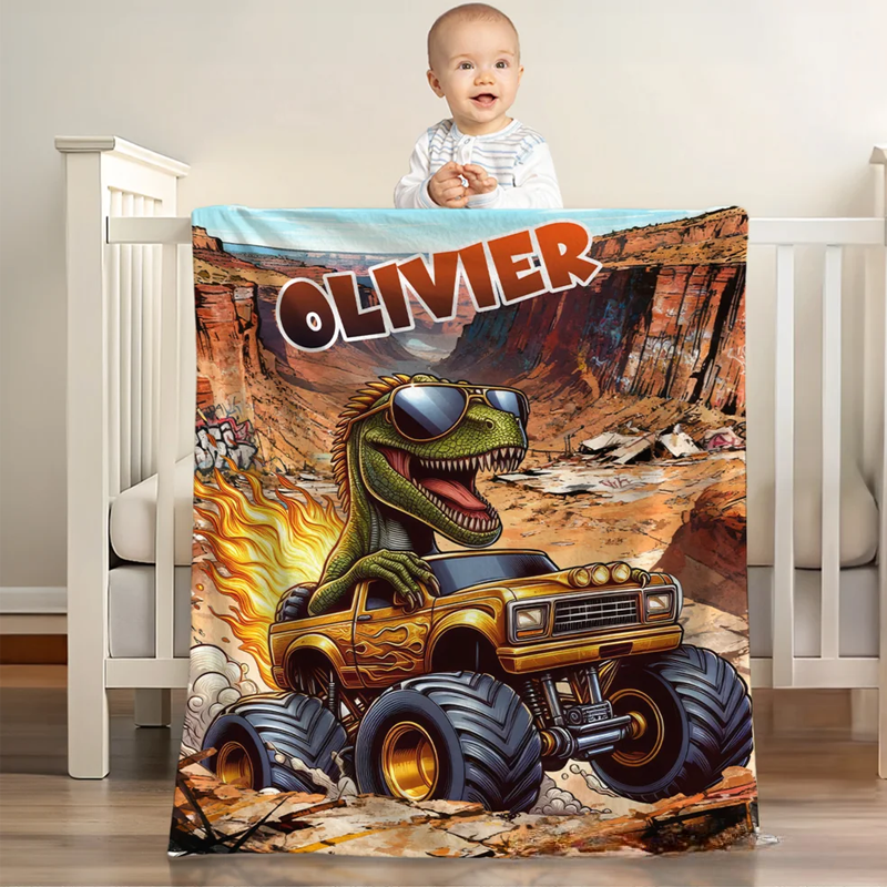 Personalized Monster Cheetah Lion Dinosaur Truck Soft Throw Blanket with Name Birthday Gift for Boys Kids Babies Truck Lovers