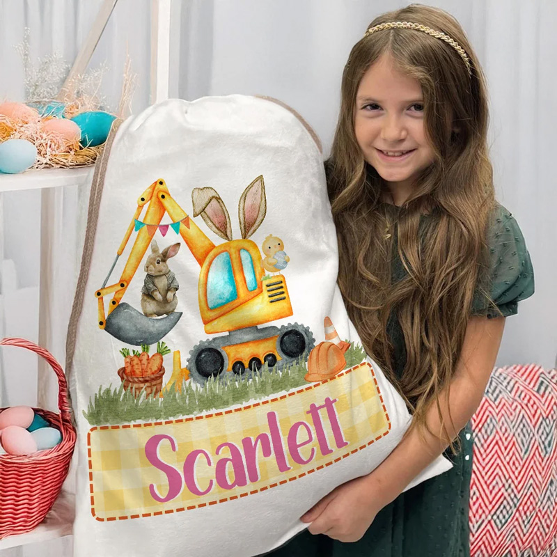 Personalized Cute Bunny Ears Excavator Design Drawstring Treat Bag with Multicolor Name Easter Birthday Party Gifts for Kids