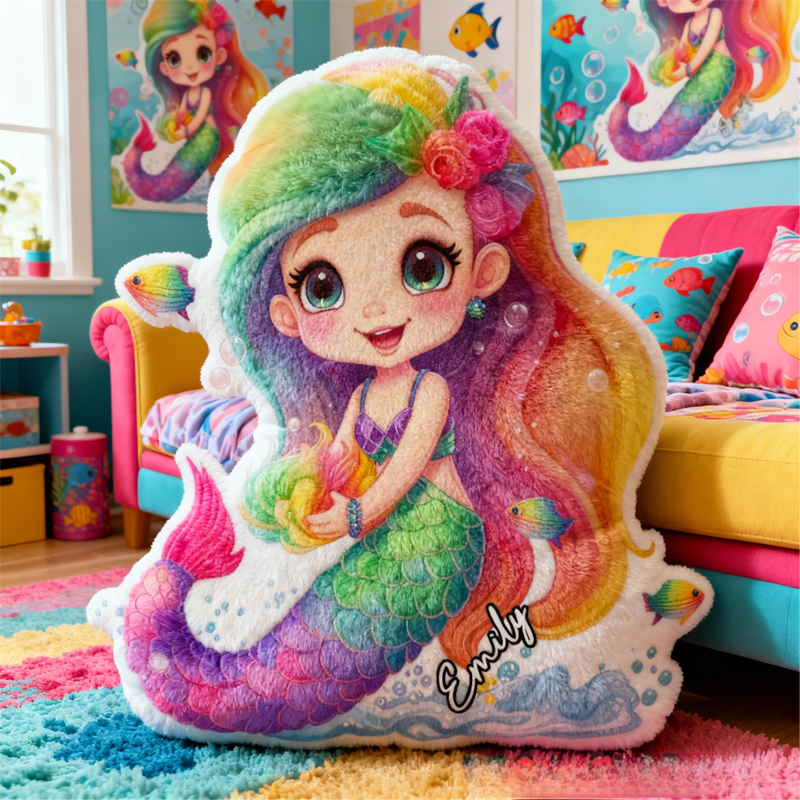 Personalized Colorful Mermaid with Name Graphic 3D Print Pillow Christmas Gift for Kids or Baby Birthday Gift