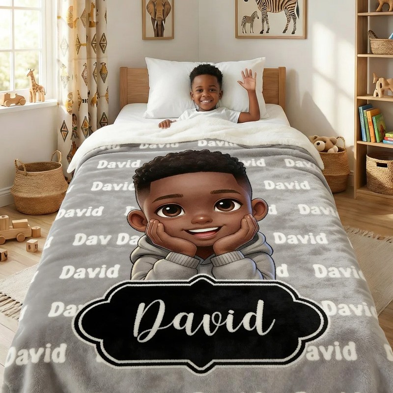 Personalized Cute Cartoon Little Black Boy Soft Throw Blanket with Name Home Decor Birthday Anniversary Gift for Boys