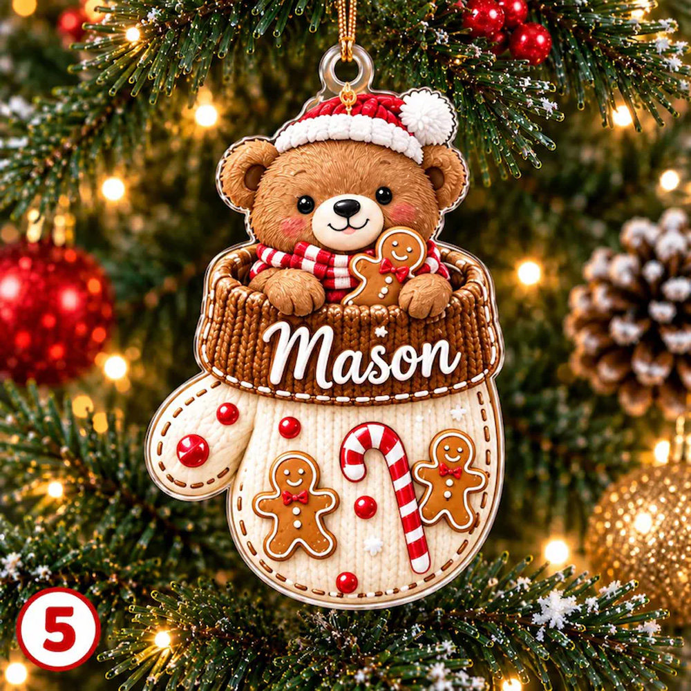Personalized Kids Christmas Mitten Ornament Custom Name Cute Animal Bear Bunny Penguin Reindeer Gift For Child Holiday Tree Decoration