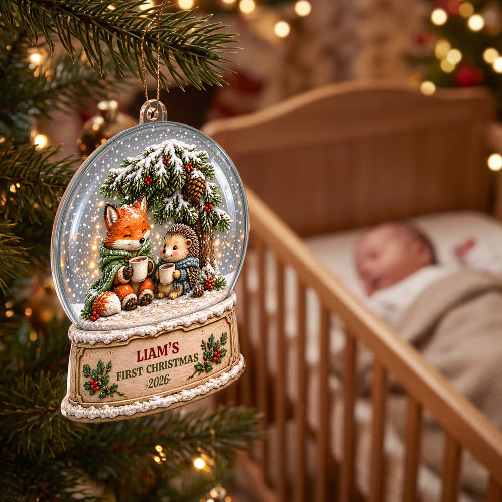 Personalized 3D-Effect Artwork Christmas Fox Hedgehog Acrylic Ornament with Name and Year Tree Decor First Christmas Gift for New Parents