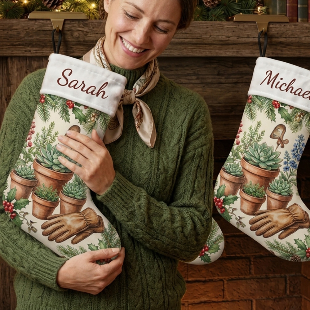 Personalized Gardener Christmas Stocking Custom Name Gardening Plants Watering Can Gloves Gift For Garden Lover Holiday Fireplace Mantel Decoration Gift for Mom and Grandma