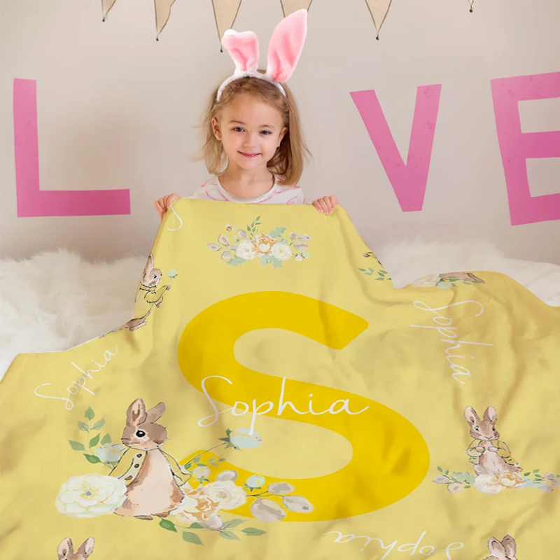Personalize Cute Bunny Peter Rabbit Soft Throw Blanket with Name and Initial Home Decor Birthday Christmas Gift for Boys Girls