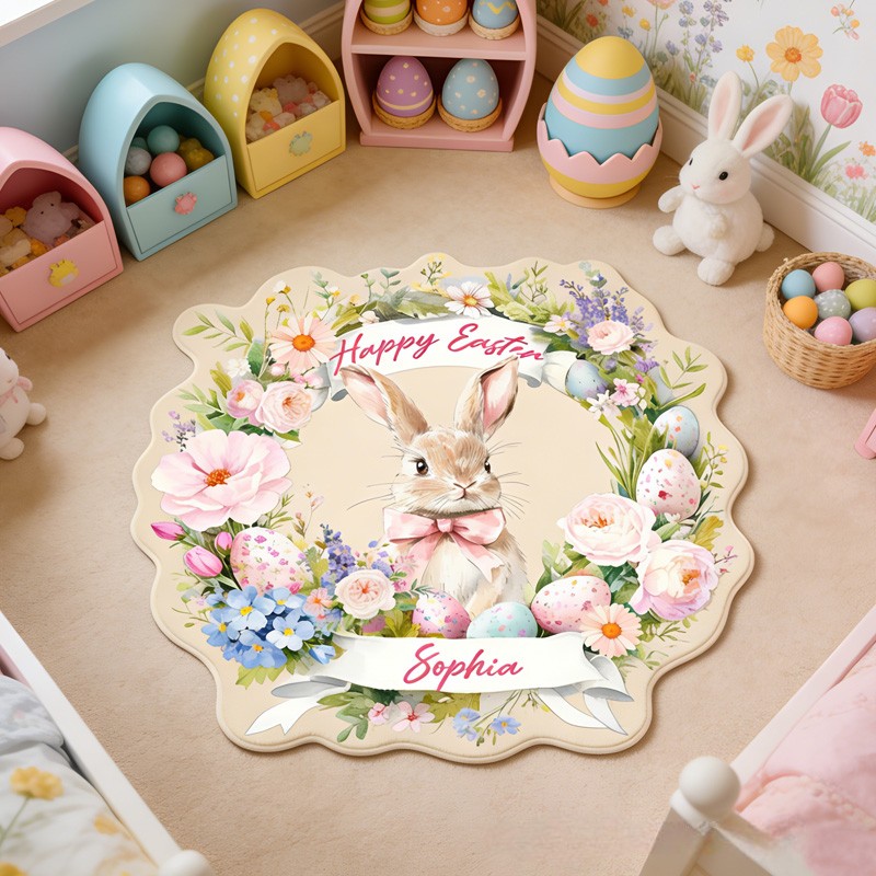 Personalized Bunny Theme Custom Name Cute Easter Rabbit with Floral Wreath Pastel Carpet Rug for Kids