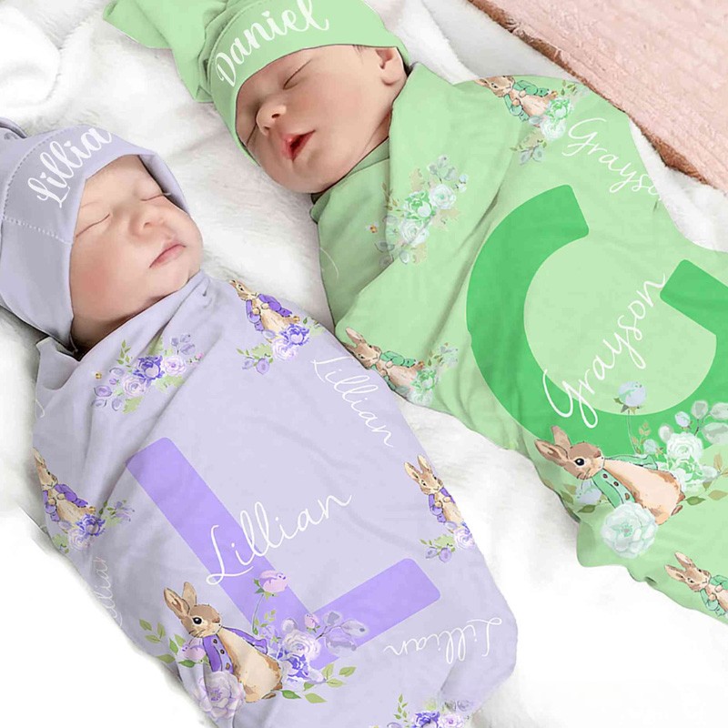 Personalized Name Peter Rabbit Bunny Alphabet Receiving Blanket with Hat Swaddle Hat Set for Baby Girl Boy Birthday Baby Shower Easter Gift for Newborns