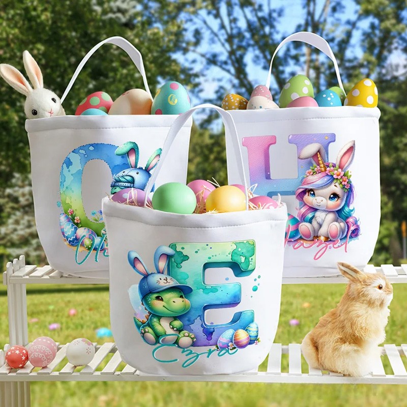 Personalized Cute Fantasy Rainbow Horse Dinosaur Canvas Easter Basket with Initial and Name Party Favor Eggs Hunting Easter Gift for Kids