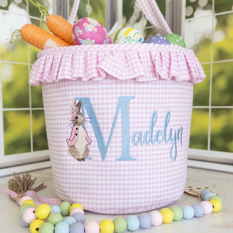 Personalized Easter Bunny Theme Name Embroidered Gingham Fabric Basket Kids Egg Hunt Gift Tote Spring Storage Basket