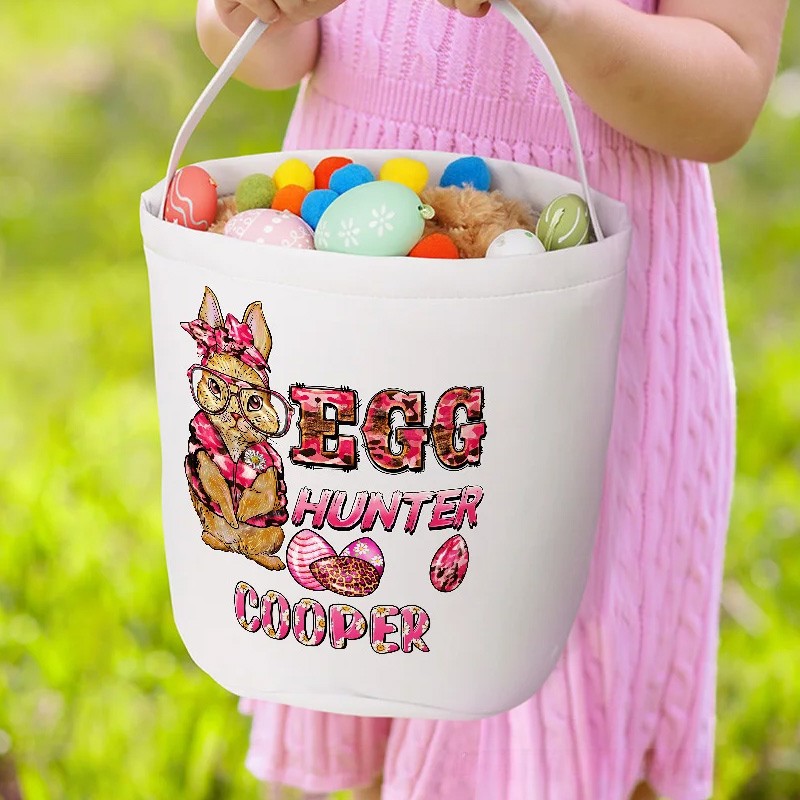 Personalized Cute Bunny Egg Hunter Camouflage Carrot Reusable Canvas Easter Basket with Name Birthday Easter Gift for Kids
