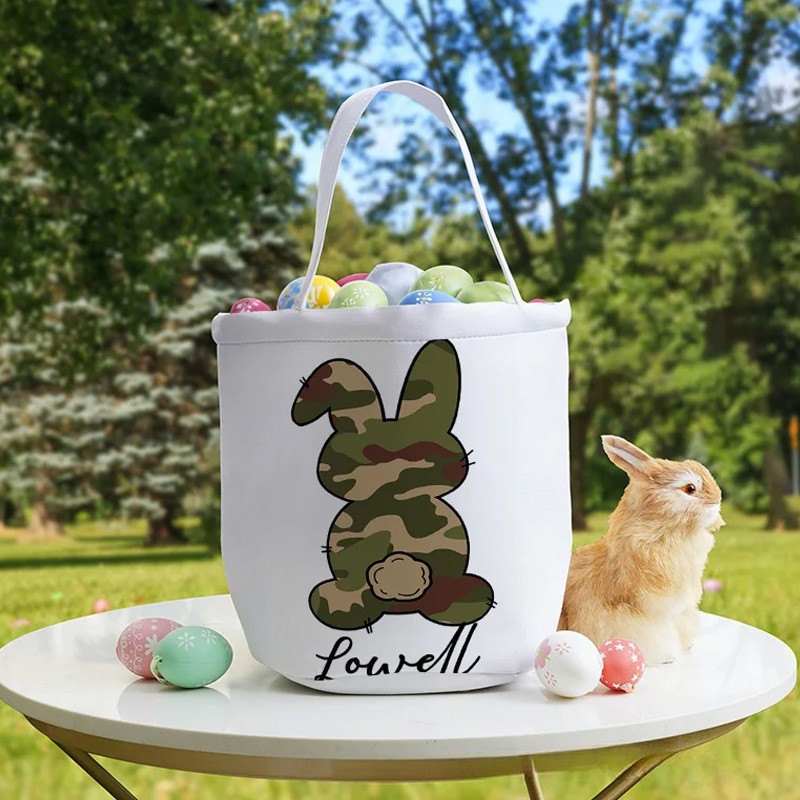 Personalized Cute Bow Bunny Canvas Easter Basket with Name Easter Eggs Hunting Party Favor Gift for Boys Girls