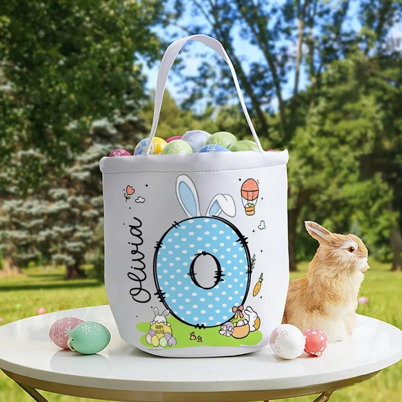 Personalized Bunny Ears Initial Hot Air Balloon Canvas Easter Basket with Name Eggs Hunting Party Easter Gift for Kids