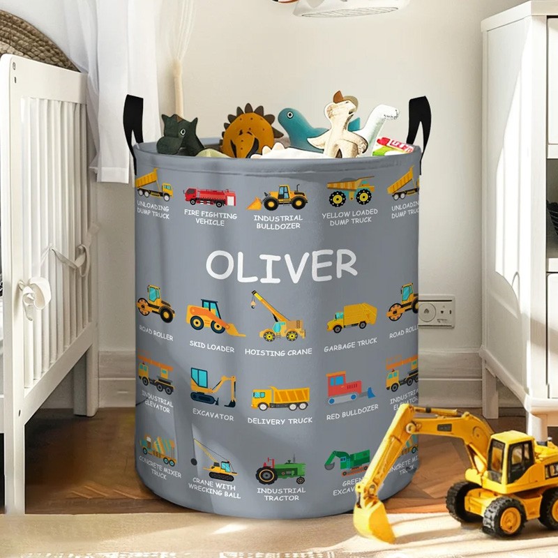 Building Fun One Load at a Time - Personalized Construction Truck Excavator Bulldozer Waterproof 40L Laundry Basket - Gift for Boys Girls Truck Lovers