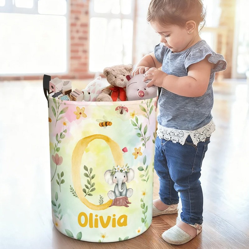 Personalized Cartoon Forest Animal Laundry Storage Basket with Name and Initial Daily Use Birthday Gift for Friend Family