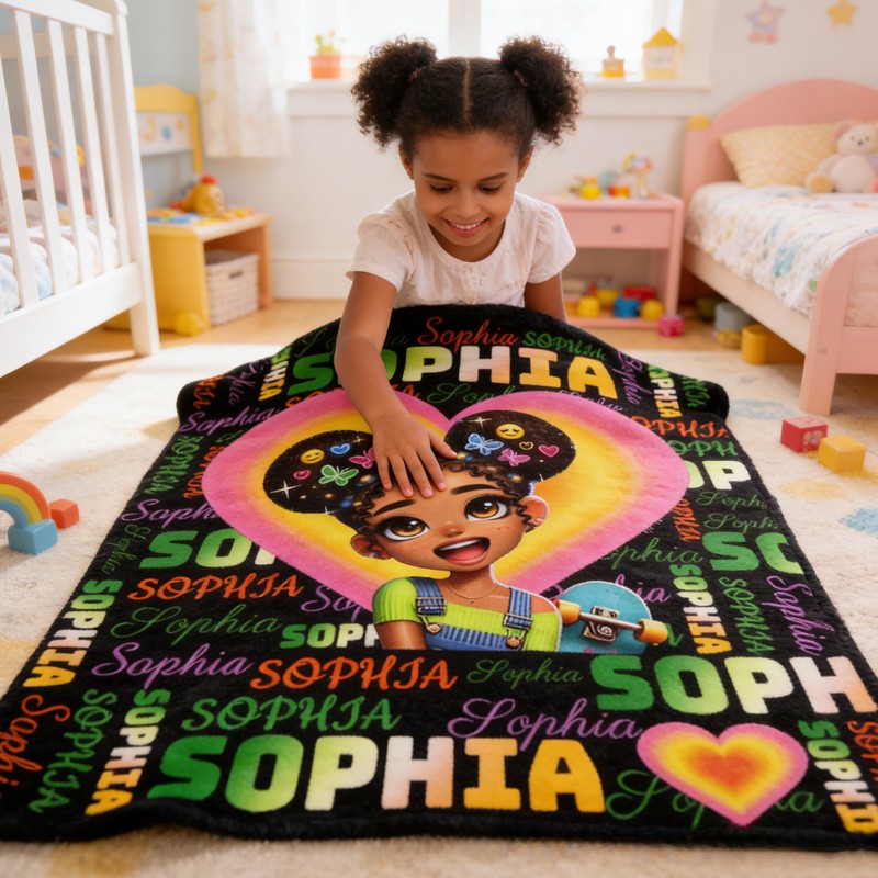 Personalized Cute Girl Theme Custom Name Pink Heart Background Afro Hair Bow Art Design Blanket