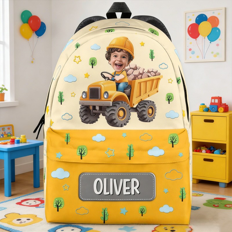 Personalized Cute Construction Theme Custom Name Photo Face Yellow Dump Truck Pattern Kids Backpack