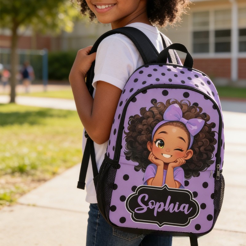 Personalized Adorable Cartoon Girl Theme Custom Name Black Bow Blue Background Kids Backpack