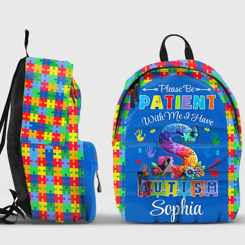 Personalized Colorful Autism Awareness Theme Custom Name Puzzle Heart Pattern Kids Backpack