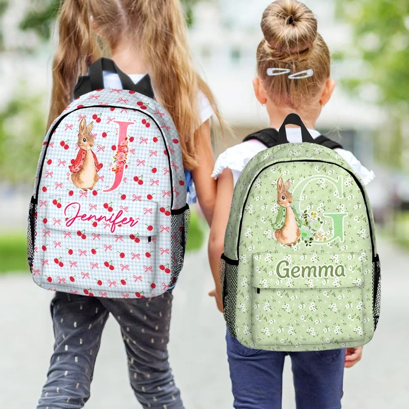 Personalized Peter Rabbit Coquette Bow Flower Initial Large Capacity School Backpack with Name Daily Travel Back to School Birthday Gift for Kids