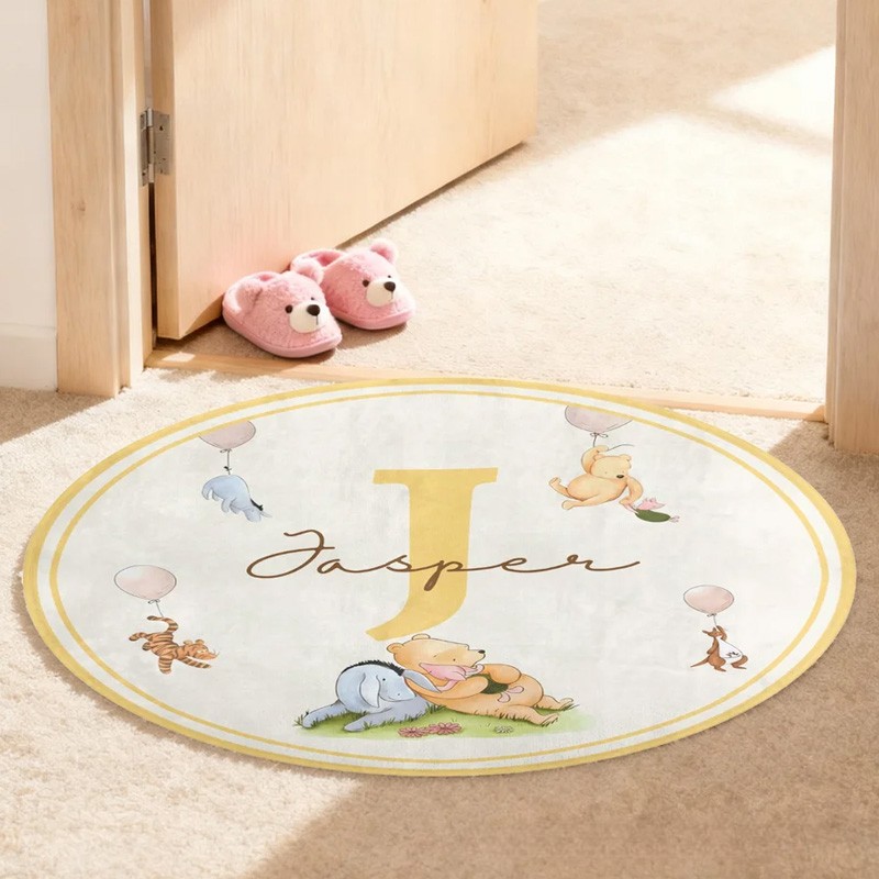 Personalized Classic Winnie the Pooh Initial Round Anti-Slip Coral Fleece Doormat Rug with Name Nursery Decor Baby Shower Birthday Gift for Kids