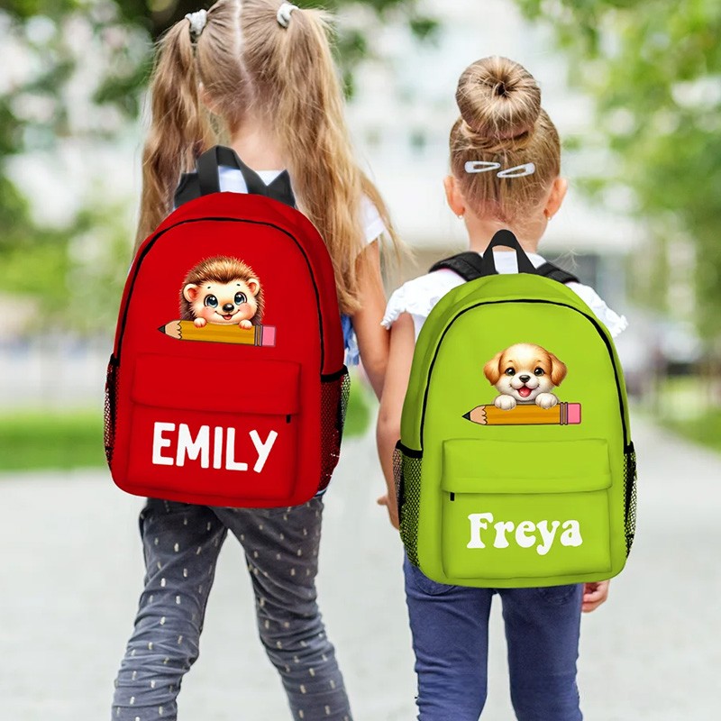 Personalized Cartoon Penguin Raccoon Animals Name Backpack with Zipper and Side Pockets Birthday Back to School Gift for Boys Girls
