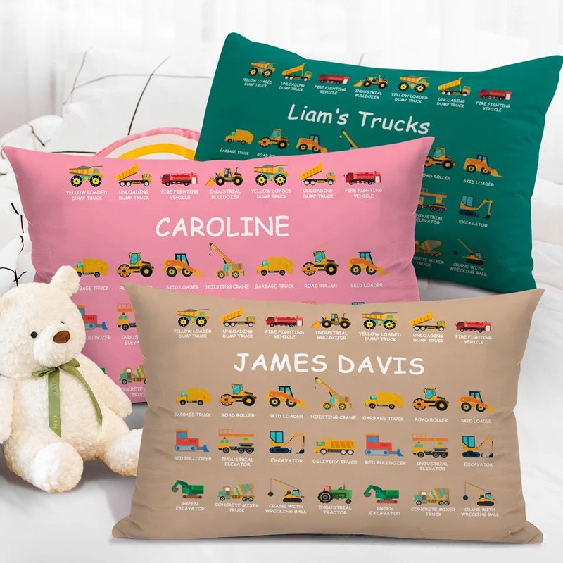 Personalized Construction Truck Excavator Bulldozer Throw Pillow Cover with Name Home Decor Christmas Birthday Gift for Boys Truck Lovers