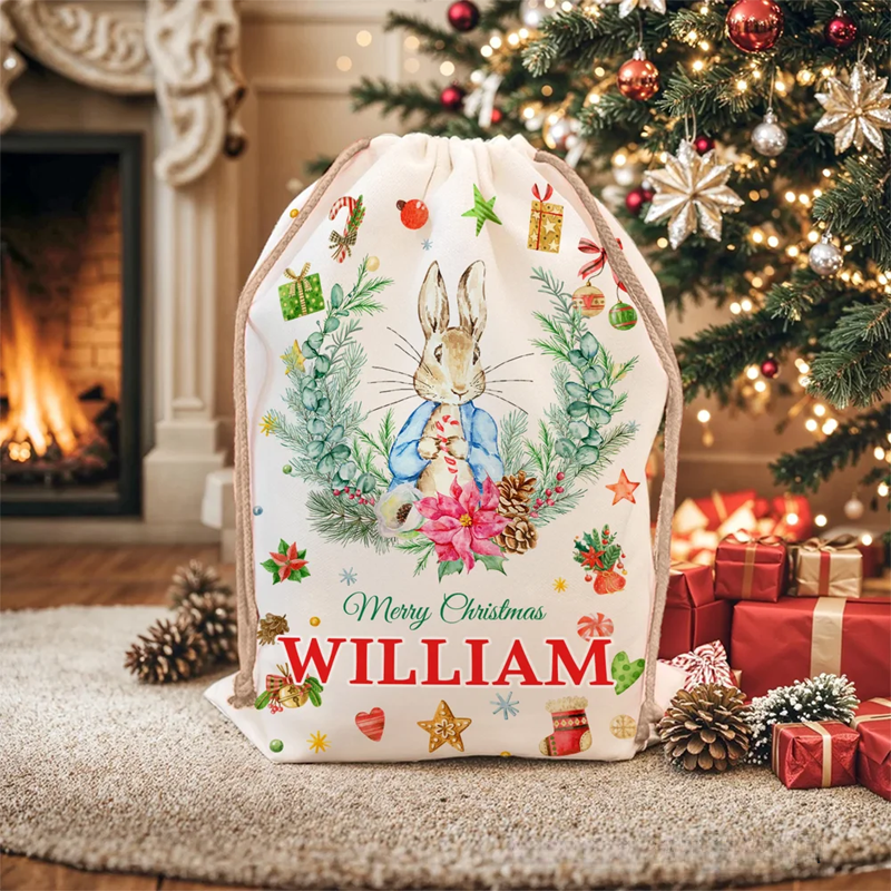 Personalized Cute Peter Rabbit Wreath Drawstring Christmas Gift Bag with Name Christmas Eve Party Gift for Kids Family Friends