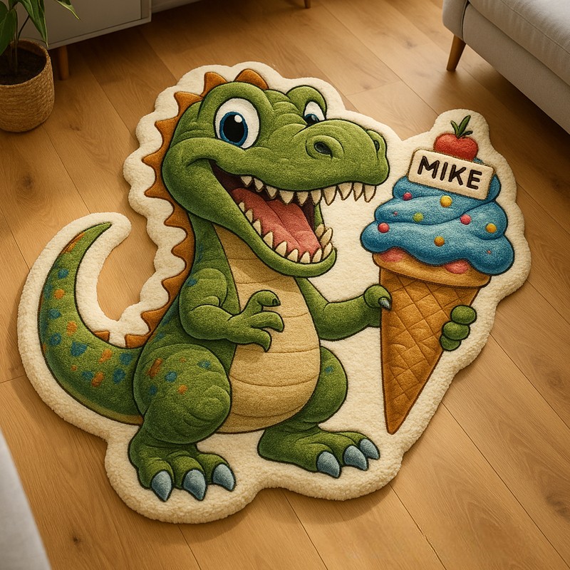 Personalized Dinosaur Custom Name Soft Decorative Gift Cute Style Cozy Bedroom Blue Green Cartoon T Rex Fun Playtime Adventure Boy Room Creative Carpet Rug for Kids