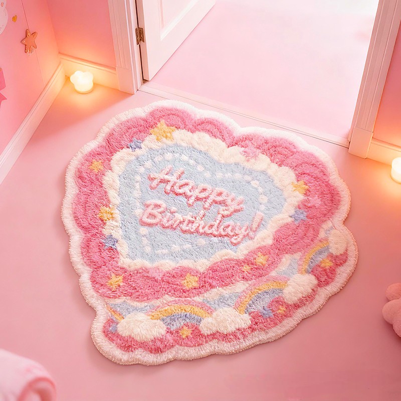 Personalized Heart Cake Custom Name Soft Decorative Gift Sweet Birthday Style Cozy Bedroom Pink Cream Lovely Pastel Colorful Cute Celebration Graphic Carpet Rug for Kids