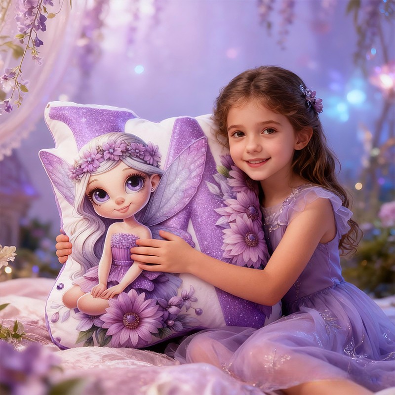 Personalized Fairy Letter Custom Name Soft Decorative Gift Magical Fantasy Style Cozy Bedroom Purple Flower Sparkle Dream Lovely Wings Enchanted Night Graphic 3D Print Pillow