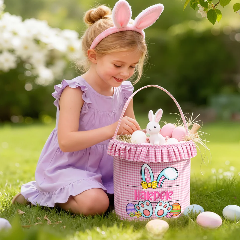 Personalized Multi-Color Cute Rabbit Large Capacity Plaid Easter Basket with Name Easter Egg Hunting Party Favor Gift for Boys Girls