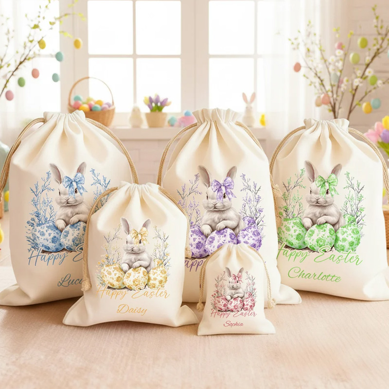 Personalized Floral Easter Bunny Egg Drawstring Canvas Treat Bag with Name Easter Egg Hunt Party Gift for Kids