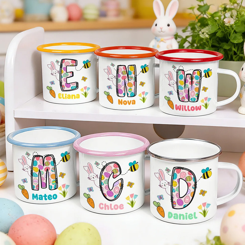 Personalized Cartoon Bunny Easter Eggs Initial 12 oz Enamel Mug with Name Daily Use Happy Easter Gift for Boys Girls