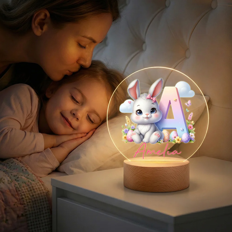 Personalized Cute Cloud Rabbit Seven Colors Initial LED Night Light with Name and Wooden Base Room Decor Birthday Easter Party Favor Gift for Kids