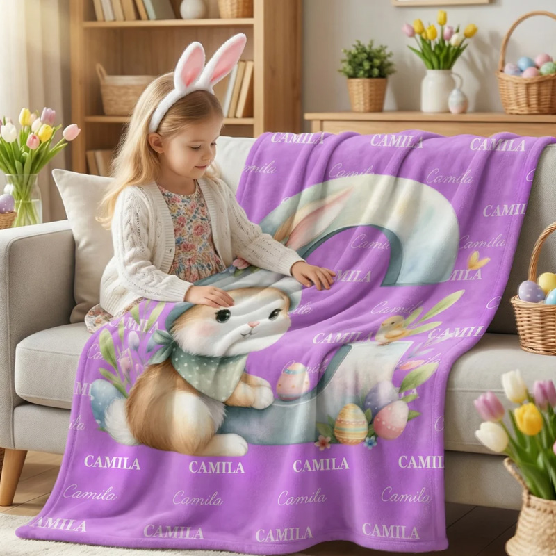 Personalized Cute Easter Bunny Egg Soft Throw Blanket with Name and Initial Home Decor Easter Party Gift for Kids