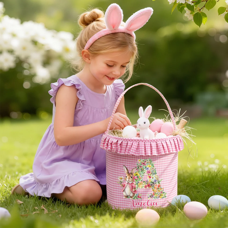 Personalized Cute Flower Rabbit Easter Basket with Name and Initial Easter Eggs Hunting Party Favor Gift for Boys Girls