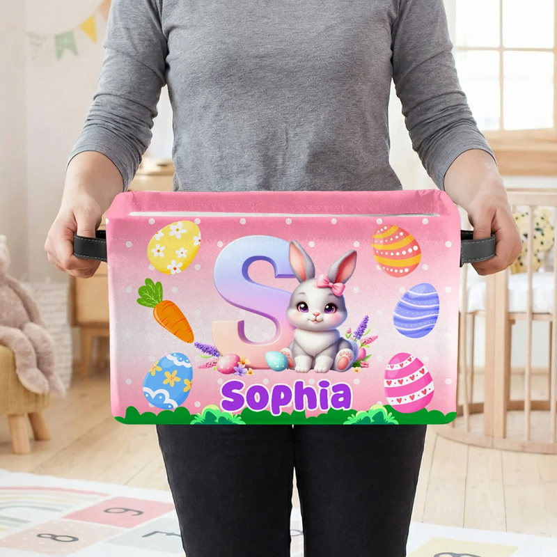 Personalized Cute Easter Bunny Design Large Storage Basket with Name Initial and Handle Easter Birthday Gift for Kids