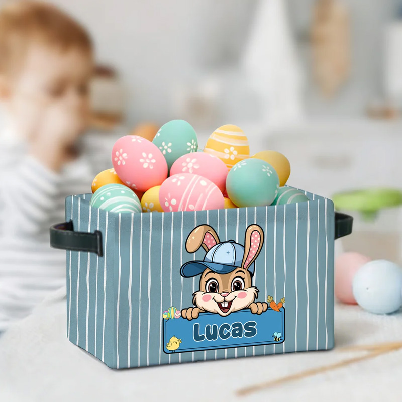 Personalized Cute Easter Bunny Striped Design Name Large Storage Basket with Handle Easter Birthday Gift for Kids
