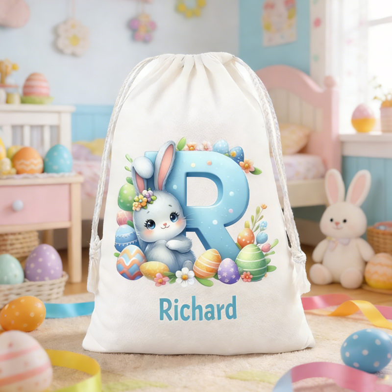 Personalized Vintage Easter Gift Bag Custom Name Easter Bunny Eggs Hunt Bags Gifts for Kids Easter Decor Easter Party