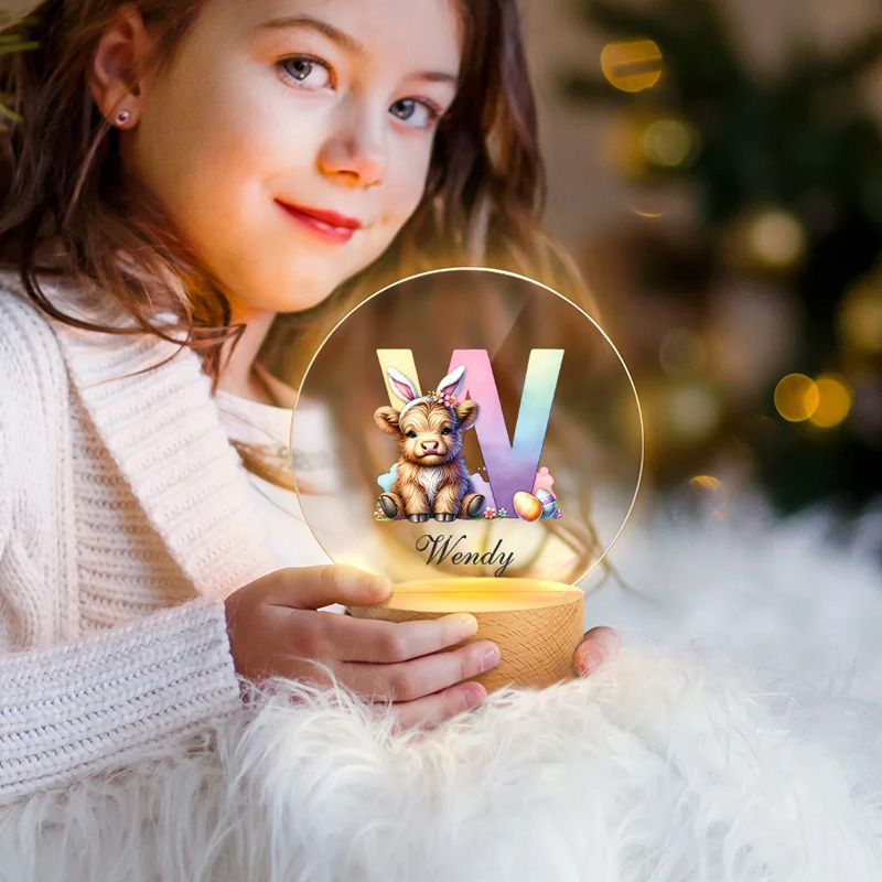 Personalized Bunny Ears Highland Cow Easter Egg LED Night Light with Name and Wooden Base Nursery Decor Easter Gift for Kids