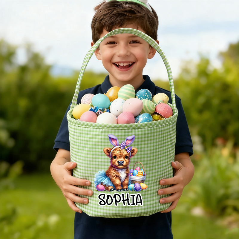 Personalized Cute Easter Highland Cow Plaid Easter Basket with Name Easter Eggs Hunting Easter Day Gift for Boys Girls