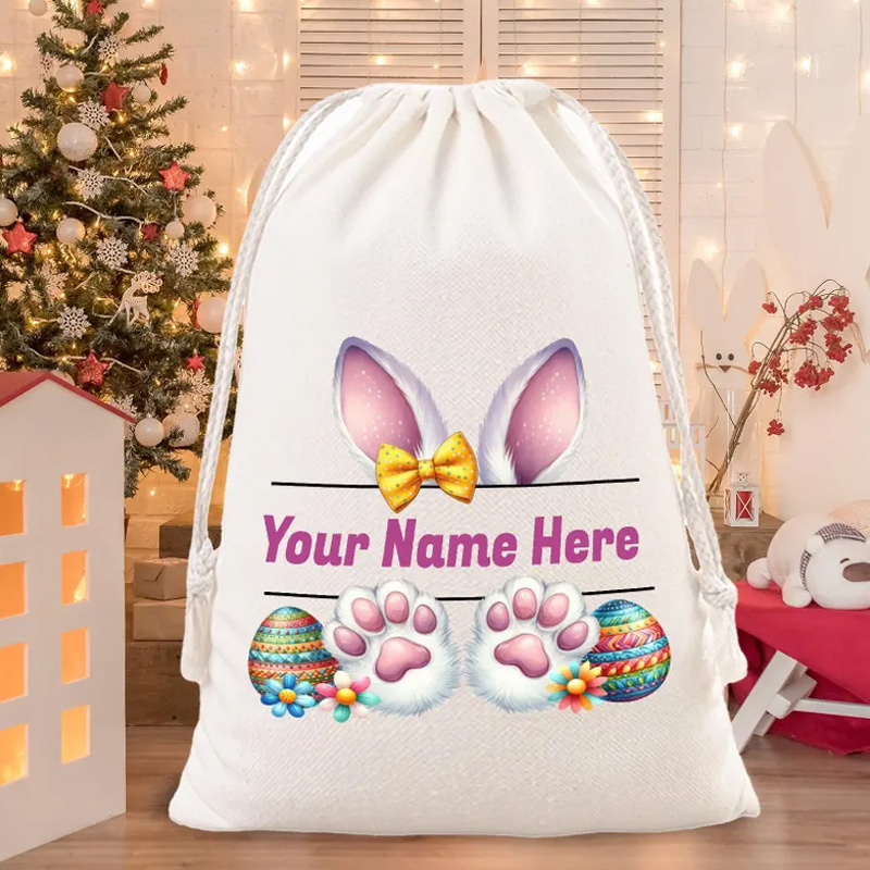 Personalized Easter Bunny Ear Theme Name Custom Gift Bag Kids Candy Storage Sack for Egg Hunt Spring Party Decor