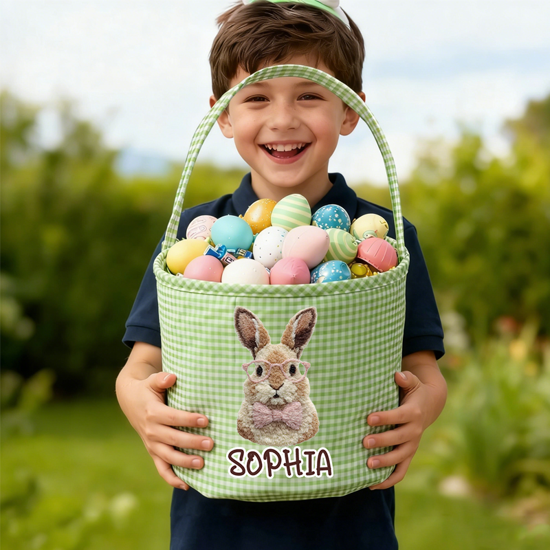 Personalized 3D Printing Cute Easter Bunny Plaid Easter Basket with Name Easter Eggs Hunting Easter Day Gift for Boys Girls