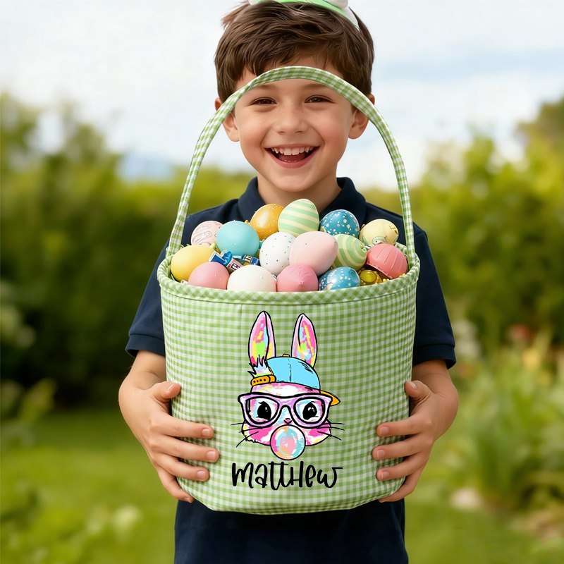 Personalized Cute Coquette Bow Easter Bunny Plaid Easter Basket with Name Easter Eggs Hunting Easter Day Gift for Boys Girls