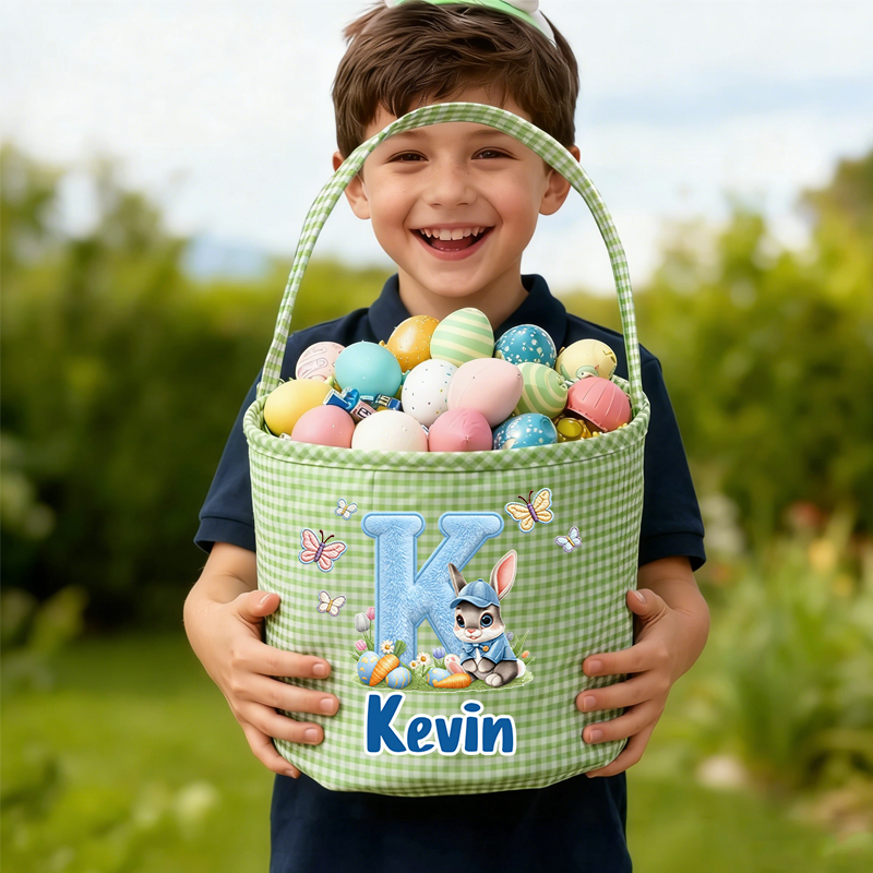 Personalized Butterfly Cute Rabbit Plaid Easter Basket with Name and Initial Easter Eggs Hunting Easter Day Gift for Boys Girls
