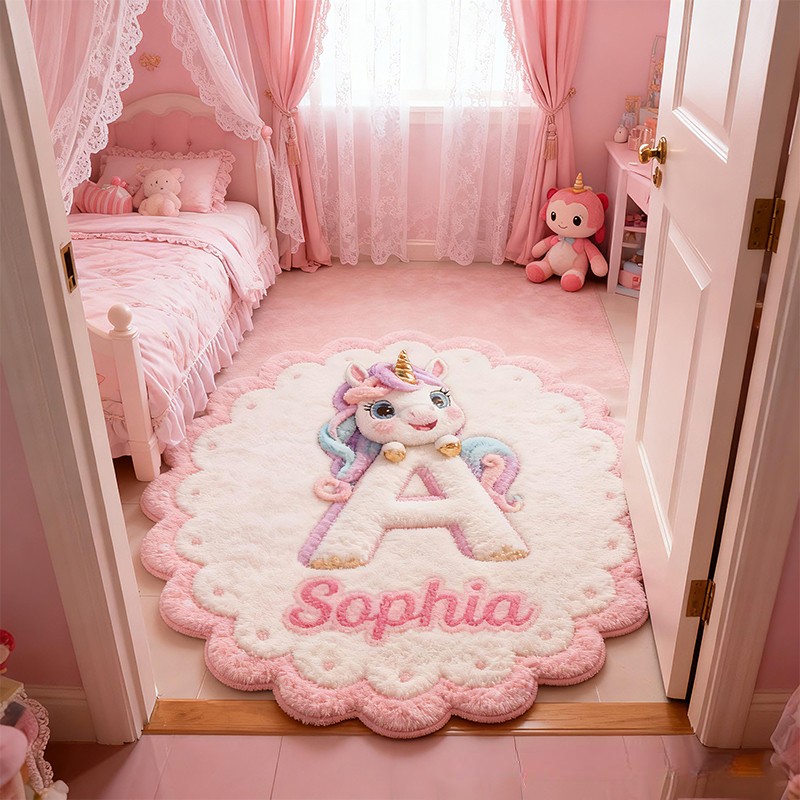Personalized Initial Letter Custom Name Soft Decorative Gift Fairytale Princess Style Cozy Nursery Room Dream Magic Pink Carpet Rug for Kids