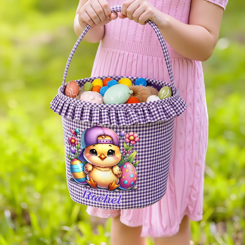 Personalized Cartoon Cute Bunny Chick Reusable Easter Plaid Basket with Name Easter Egg Hunt Easter Party Gift for Kids