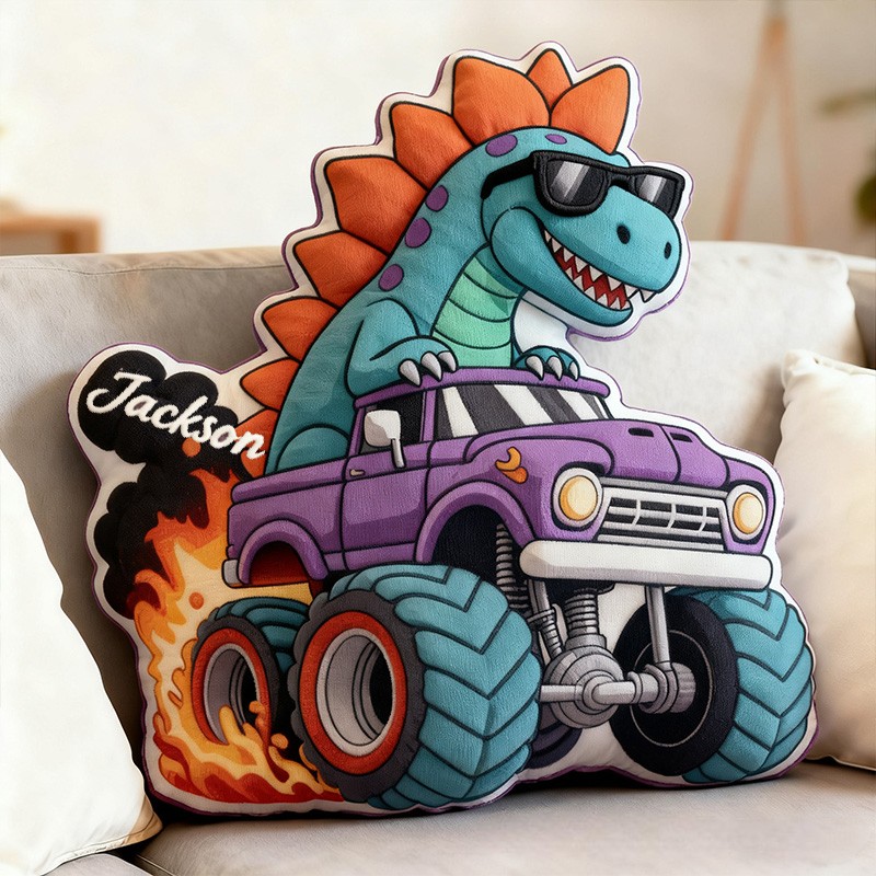 Personalized Cool Dinosaur Driving Monster Truck Custom Name Fun Boys Room Decoration Unique Adventure Style Plush  Graphic 3D Print Pillow