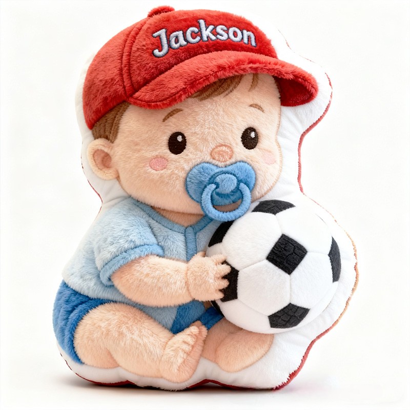 Personalized Baby Boy Name Custom Kids Gift Cute Red Hat Balls Blue Outfit Soft Playful Decorative Graphic 3D Print Pillow