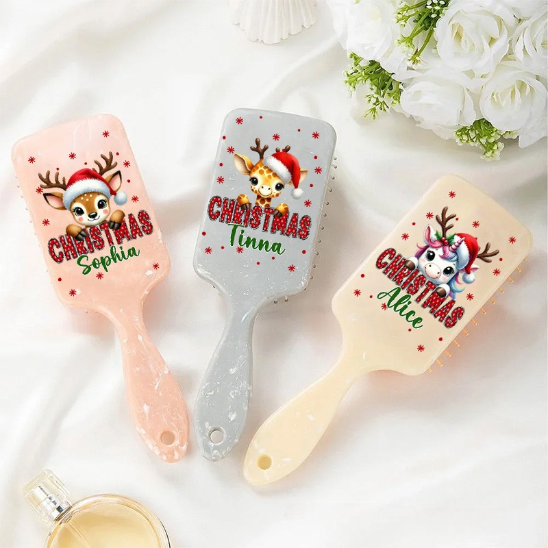 Personalized Reindeer Hair Brush with Custom Name and Festive Christmas Design for Kids and Holiday Cheer Hair Brush