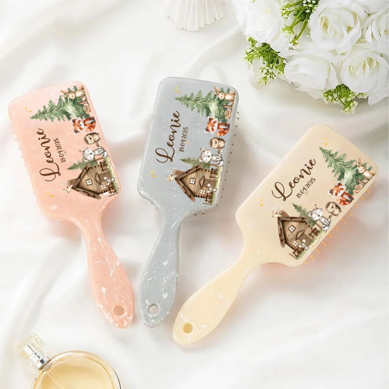Personalized Woodland Hair Brush with Custom Name and Date Featuring Cozy Cabin and Forest Animals Design Hair Brush